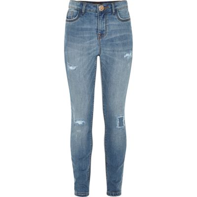 Girls mid blue wash ripped jeggings